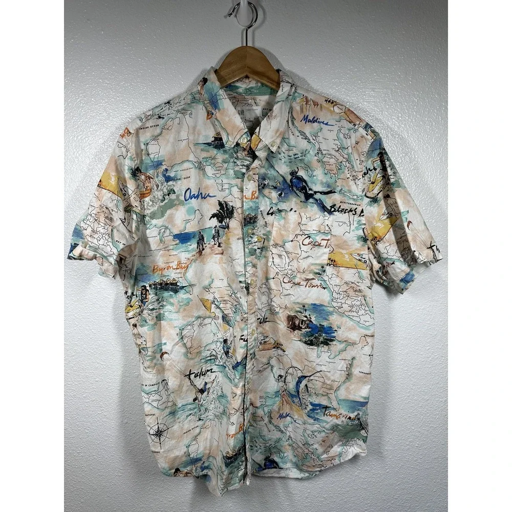 GAP Shirt Mens XL Multicolor Map Print Standard Fit Stretch Travel Resort Casual - Picture 6 of 6